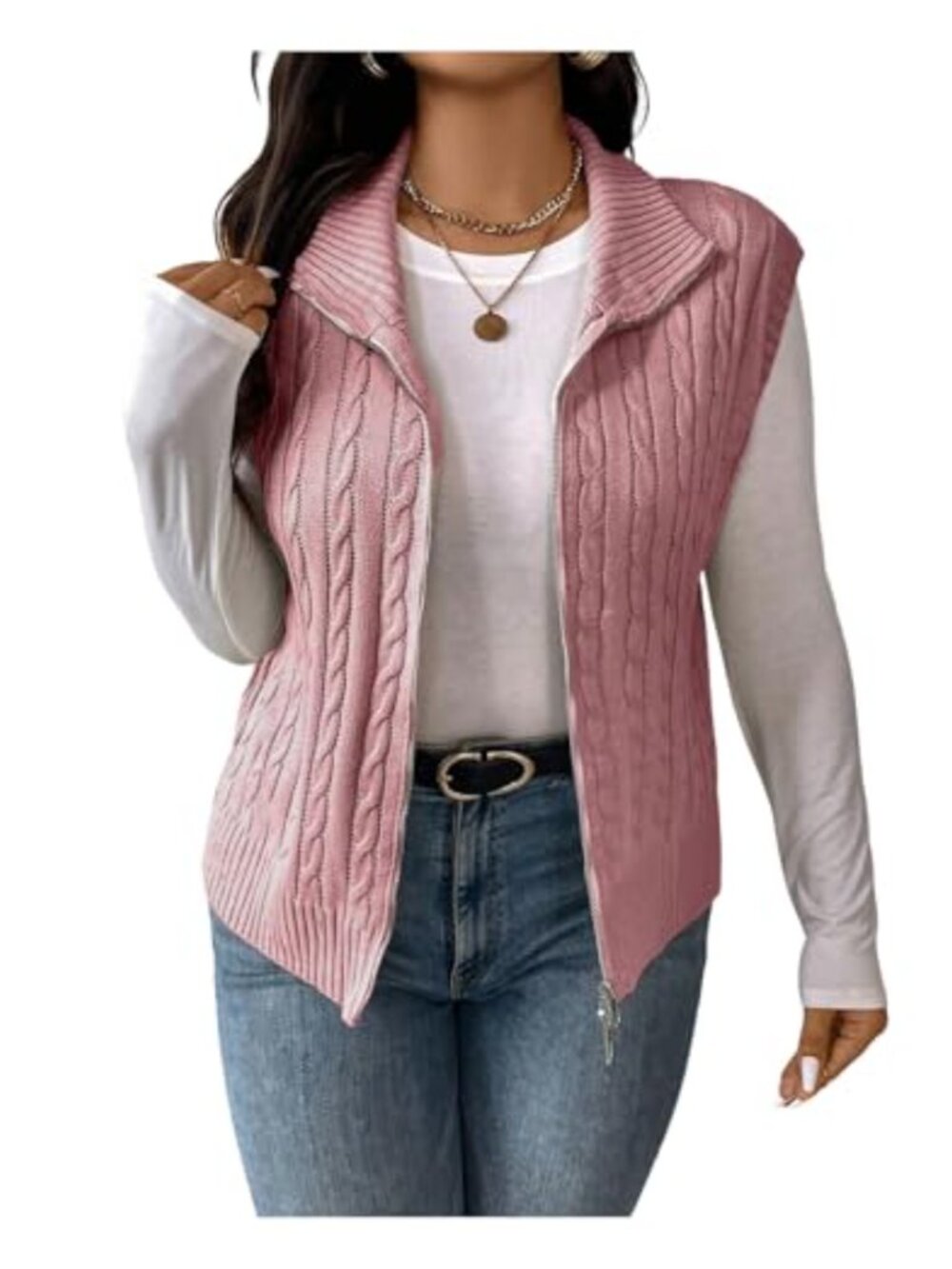 Plus Size Mock Neck Zip Up Sleeveless Cable Knit Sweater Vest Cardigan